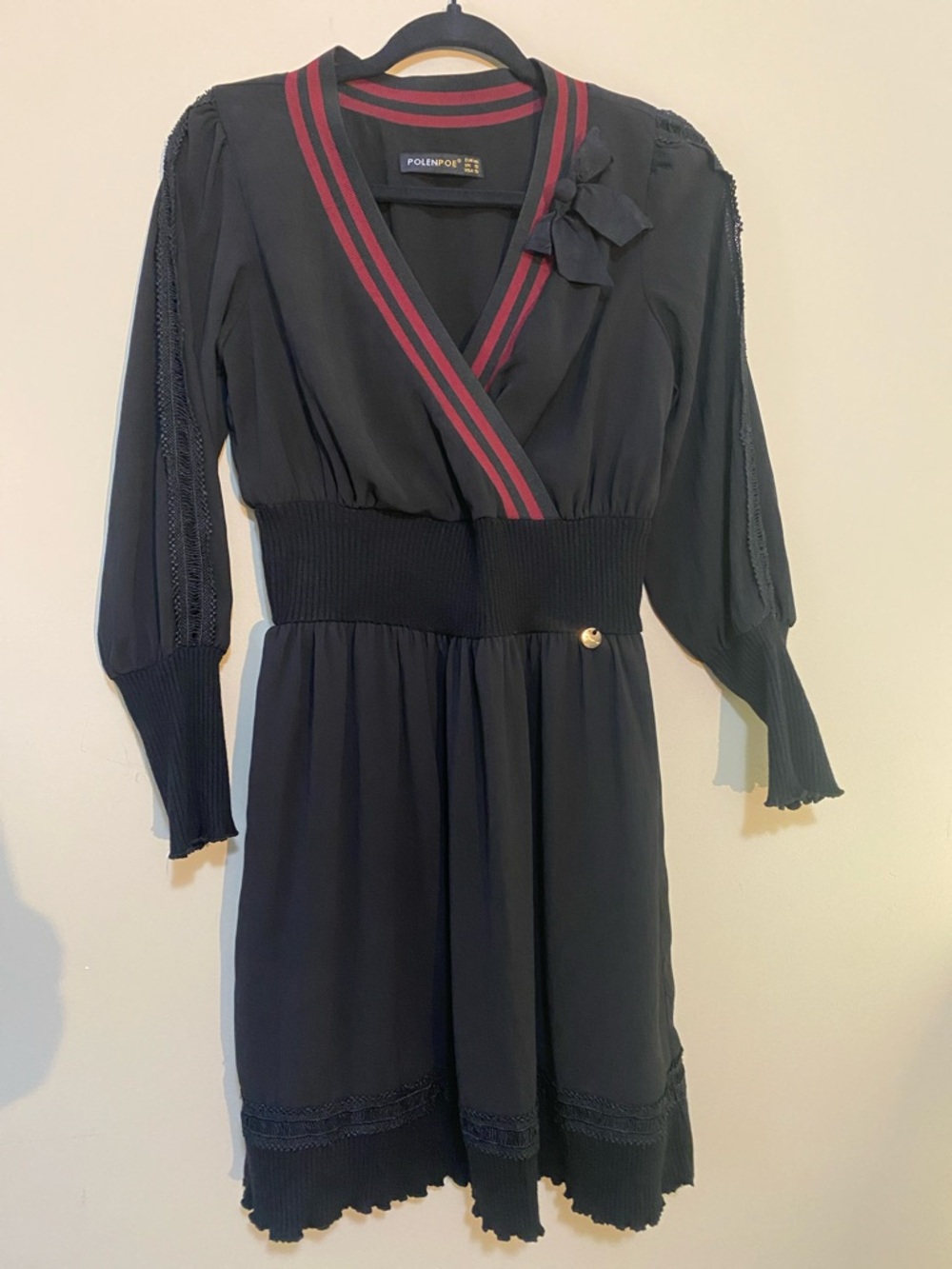 Black Mini Dress with Red Stripe V-Neck